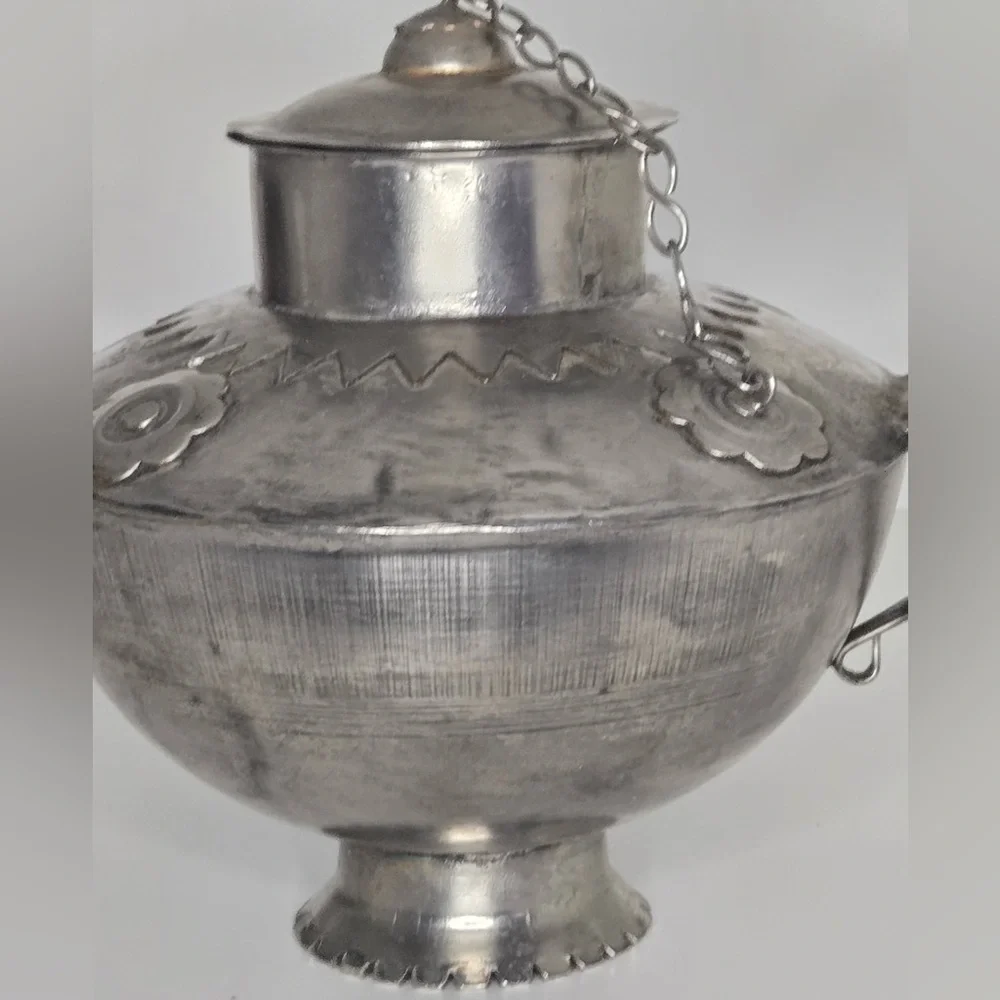 Vintage Handcrafted Metal Teapot Kettle w/ Lid & Chain – Rustic Folk Art